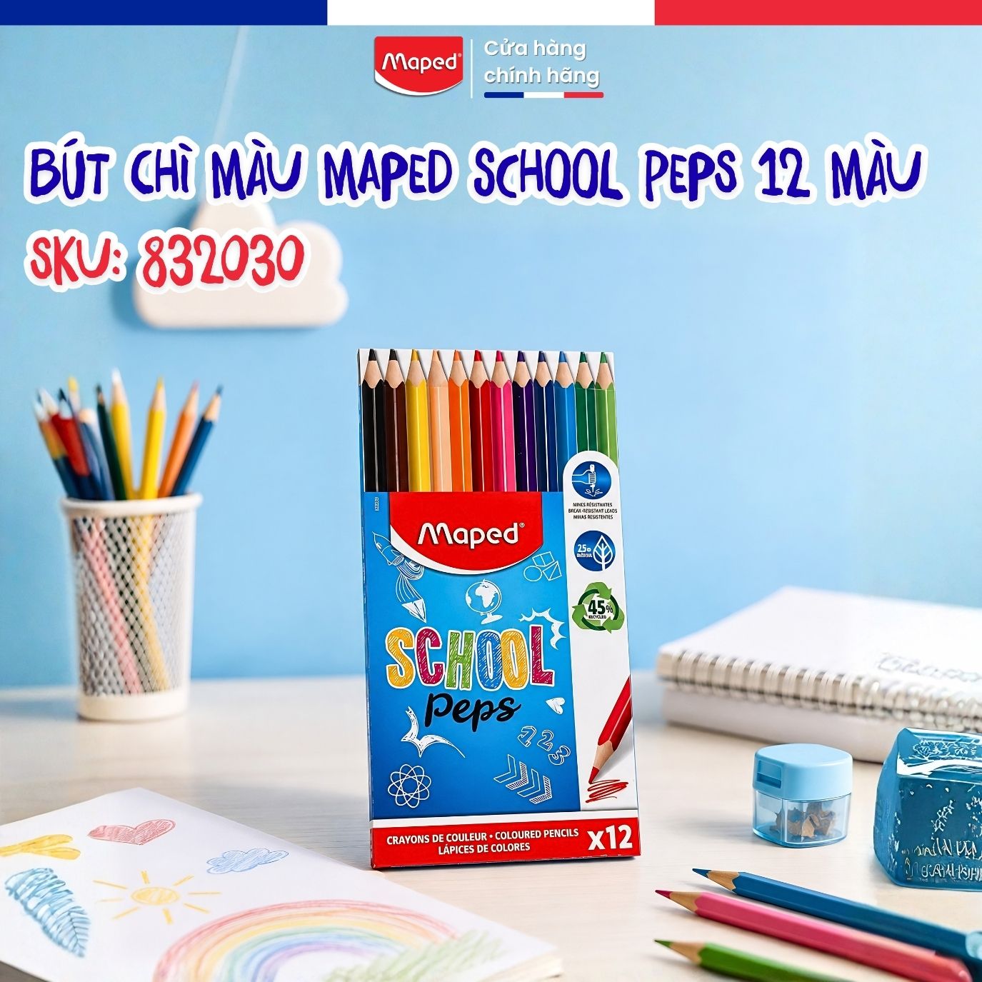 Bút Chì Màu School Peps Green 12 Màu SKU 832030 Dễ Cầm Cho Học Sinh Pháp (1)